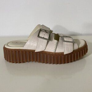 Clarks Sandals Womens Size 7 Torhill Cream Leather Buckle Comfort Slides Chunky